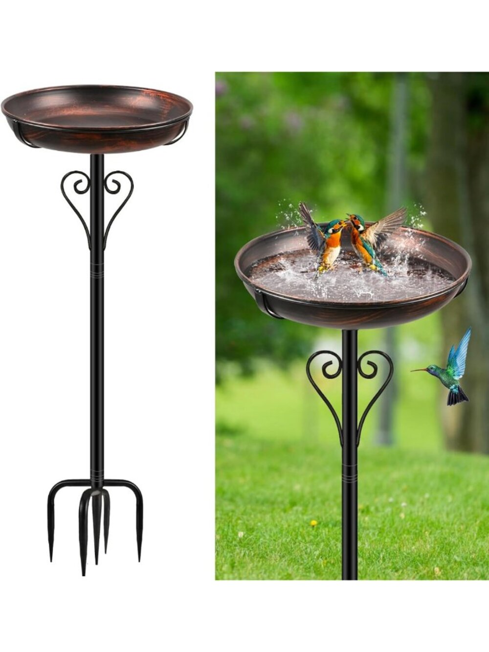 Vintage Metal Bird Bath for Outdoors, Freestanding Garden Decor with 5-Prong